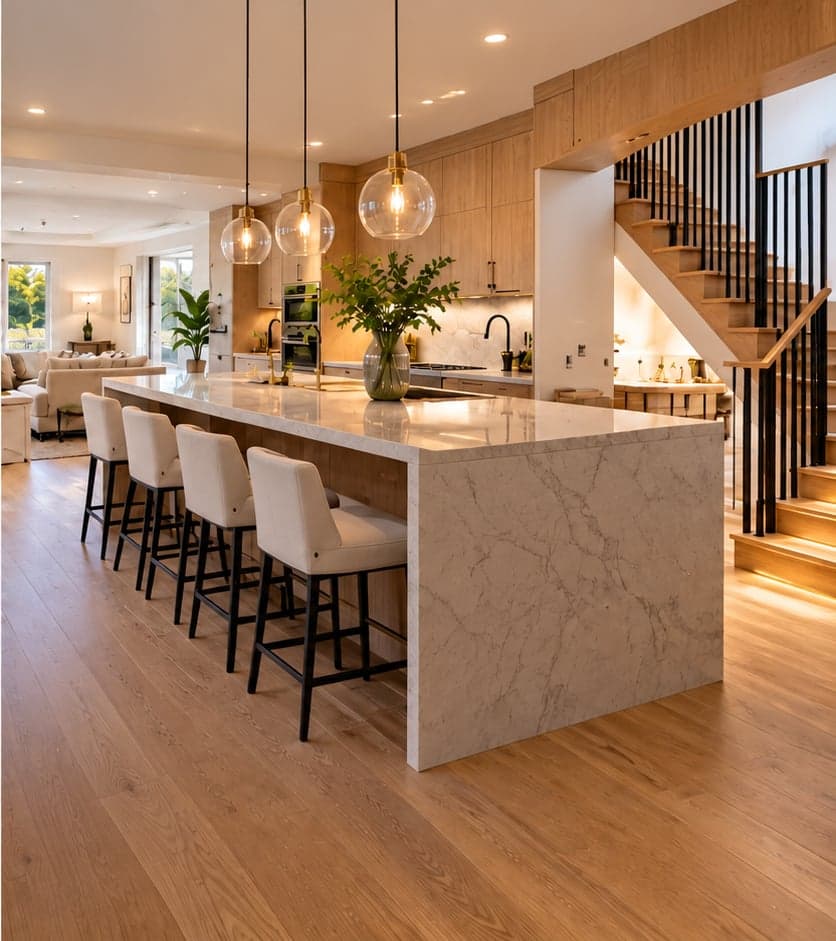 A premium interior renovation featuring a kitchen island with pendant lighting and an open staircase.