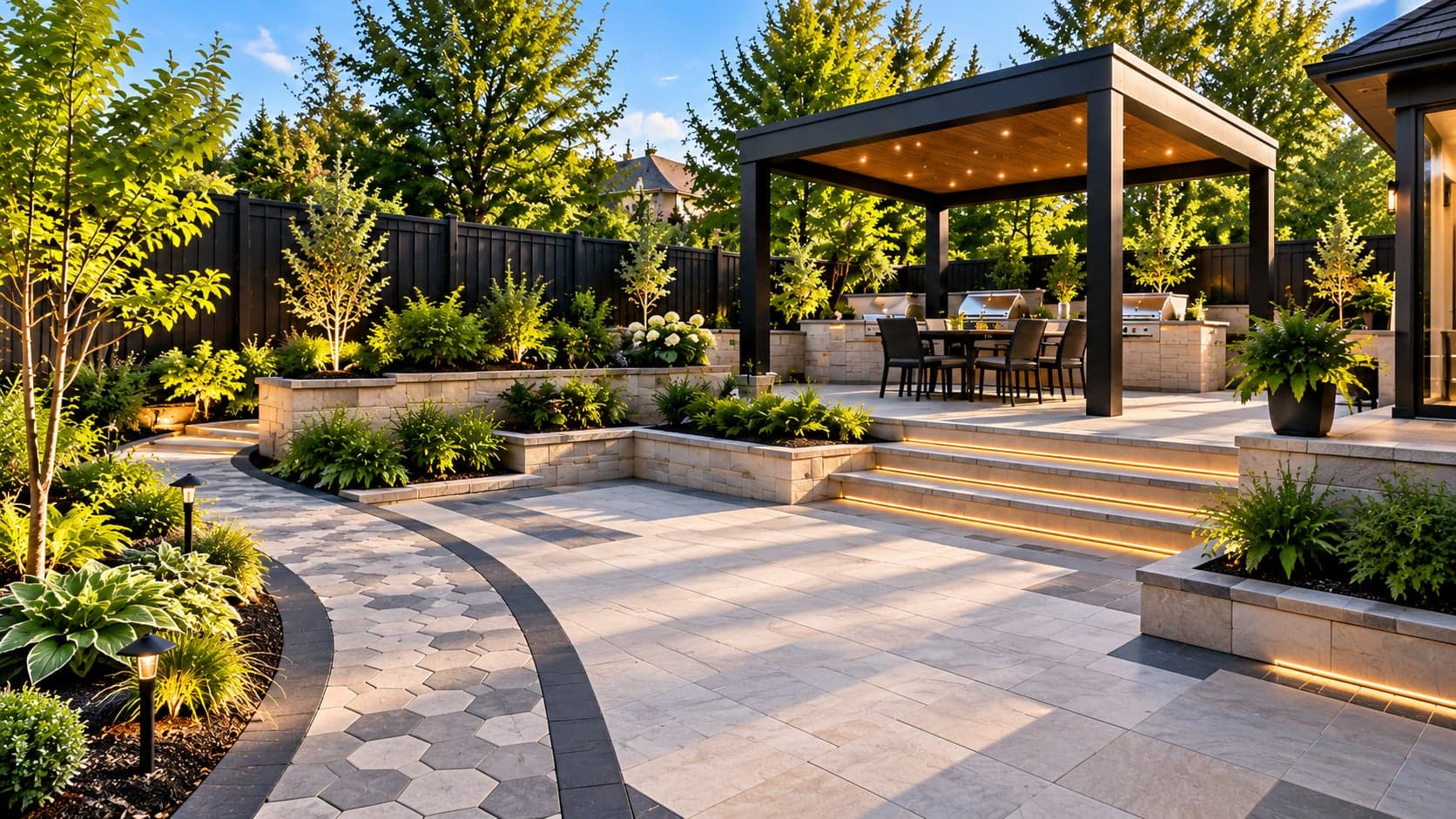 A premium backyard landscaping project featuring a stone patio, black aluminum pergola, and black fence.